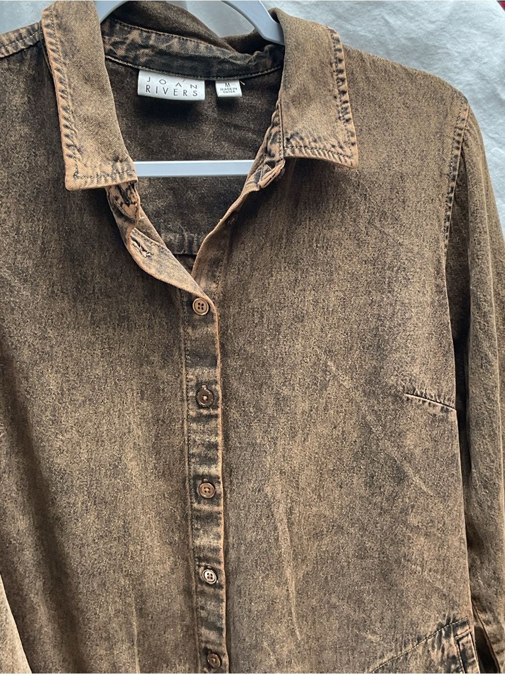 Joan Rivers Distressed Brown Washed Button-Up Shirt